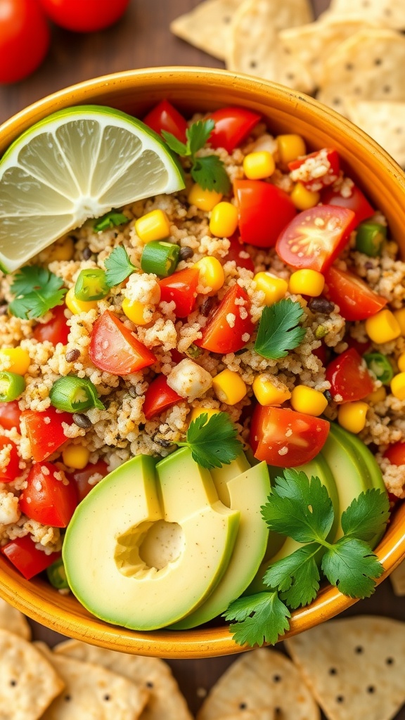 A vibrant quinoa taco salad with cherry tomatoes, corn, peppers, and avocado, garnished with cilantro and lime.